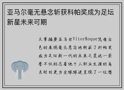 亚马尔毫无悬念斩获科帕奖成为足坛新星未来可期